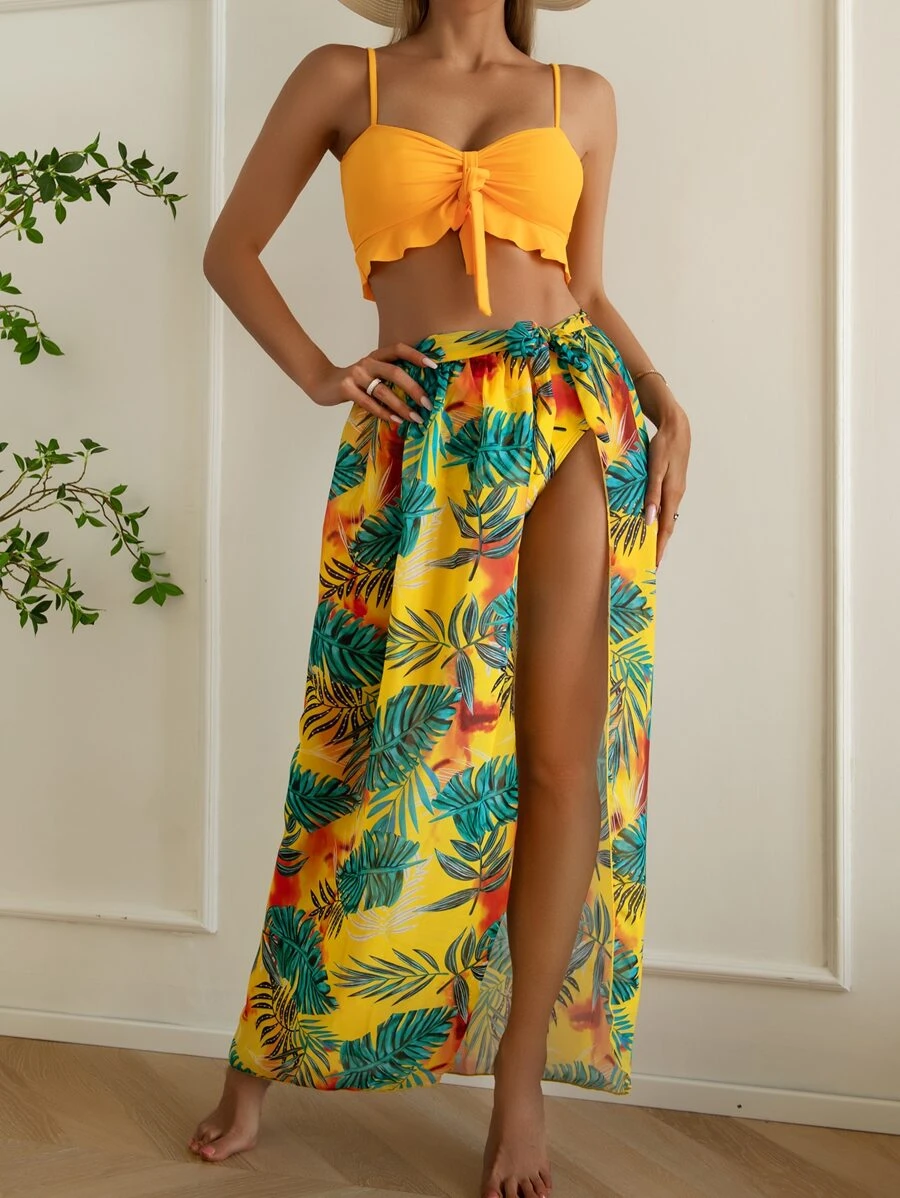 SHEIN Swim 3pack Floral Graphic Knot Front Bikini Swimsuit & Beach Rok - MultiWarna - View 1