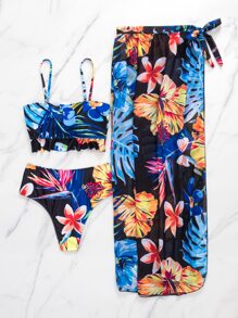 3packs Tropical Print Knot Front Bikini Set & Beach Skirt, For Summer Vacation - Multicolor - View 5