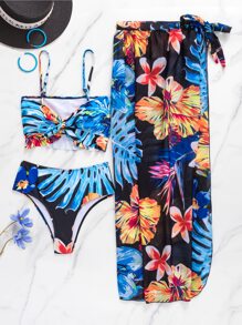 3packs Tropical Print Knot Front Bikini Set & Beach Skirt, For Summer Vacation - Multicolor - View 7