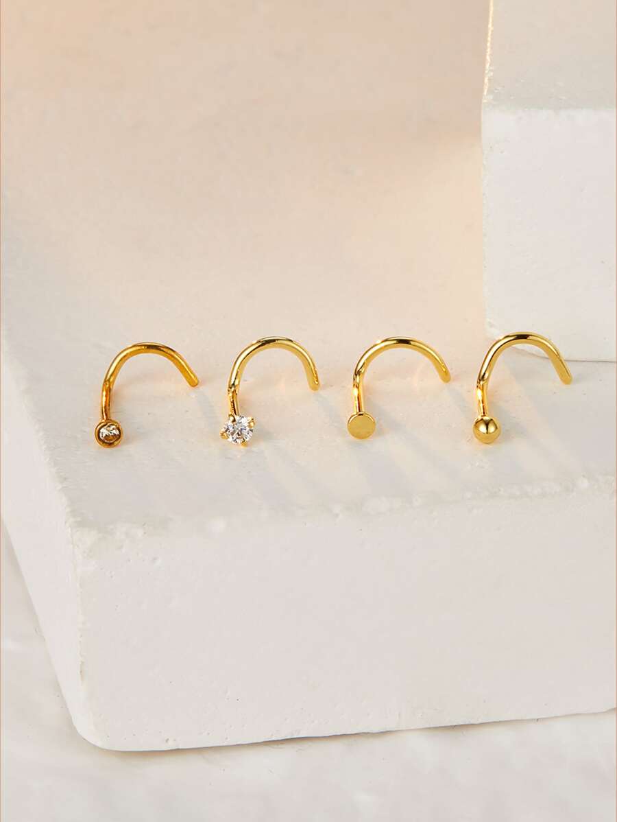 4pcs Cubic Zirconia Decor Nose Stud - Yellow Gold - View 1