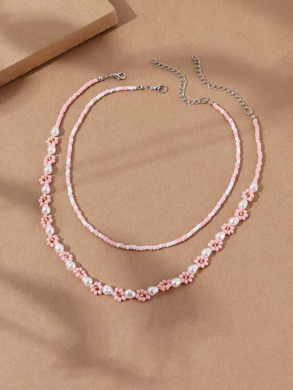 2 sztuki/zestaw Bohemian Fresh Beaded & Pearl Flower Necklace Set dla kobiet, ręcznie robiona biżuteria odpowiednia na święta i do codziennego noszenia Walentynki, mama, matka, dzień matki, prezent