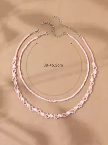 2pcs/Set Bohemian Fresh Beaded & Pearl Flower Necklace Set For Women, Handmade Jewelry Suitable For Holiday & Daily Wear Valentines,Mom,Mother,Mother's Day,Gift