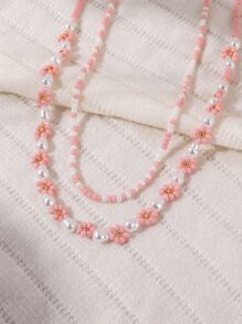 2pcs/Set Bohemian Fresh Beaded & Pearl Flower Necklace Set For Women, Handmade Jewelry Suitable For Holiday & Daily Wear Valentines,Mom,Mother,Mother's Day,Gift