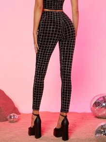 Rhinestone Grid High Waist Leggings - Black - View 2