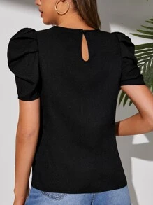 SHEIN Tall Pearls Detail Puff Sleeve Top - Black - View 2