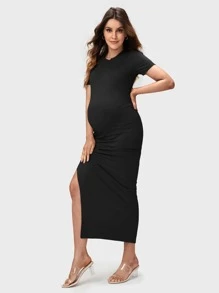 SHEIN Maternity Split Thigh Bodycon Dress - Black - View 3