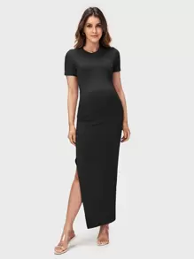 SHEIN Maternity Split Thigh Bodycon Dress - Black - View 4