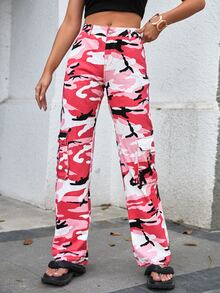 SHEIN Tall Camo Print Flap Pocket Side Cargo Jeans - Multicolor - View 3