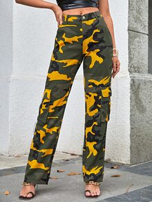 SHEIN Tall 迷彩印花側翻蓋口袋工裝牛仔褲 - 彩色 - 查看 3
