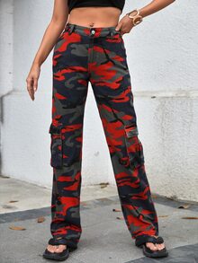 SHEIN Tall Camo Print Flap Pocket Side Cargo Jeans - Multicolor - View 3