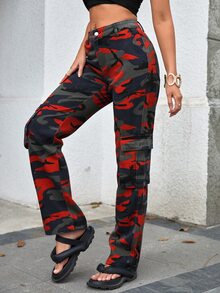SHEIN Tall Camo Print Flap Pocket Side Cargo Jeans - Multicolor - View 4