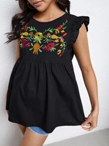 SHEIN Maternity Floral Embroidery Ruffle Hem Blouse - Black - View 4