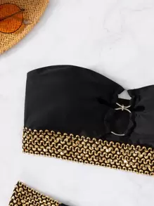 Swim Lushoire Summer Beach Stitch Detail Ring Linked Bandeau Bikini - Black - View 5