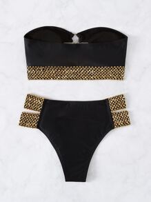 Swim Lushoire Summer Beach Stitch Detail Ring Linked Bandeau Bikini - Black - View 7