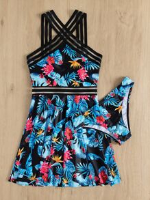SHEIN Swim Bản in nhiệt đới Bikini Ba Lỗ Bộ Cổ cao Lưới Ghi âm Đầm bơi & Hipster Bikini Áo tắm hai mảnh - Nhiều màu - Xem 5