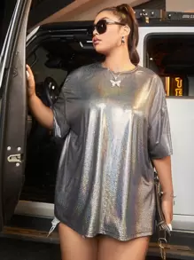 SHEIN ICON Camiseta holográfica de hombros caídos de color metálico - Gris - Ver 4