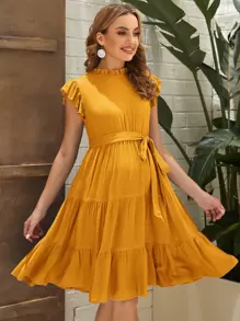 SHEIN 孕婦褶邊蝴蝶袖荷葉邊繫腰帶洋裝