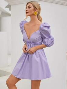 Double Crazy 深V領燈籠袖褶邊洋裝