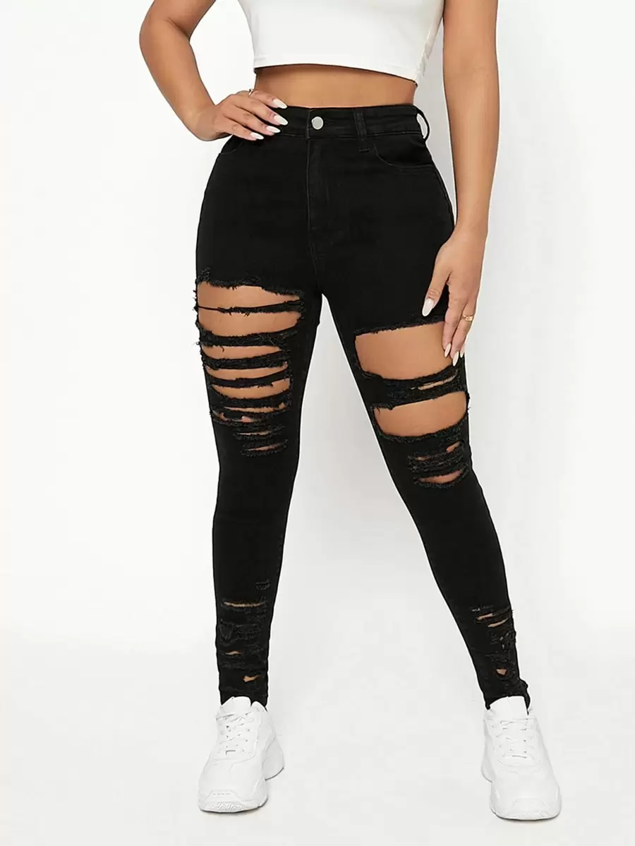 SHEIN PETITE High Waist Ladder Distressed Skinny Jeans - Black - View 1