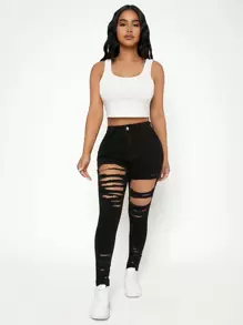 SHEIN PETITE High Waist Ladder Distressed Skinny Jeans - Black - View 3