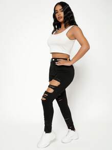 SHEIN PETITE High Waist Ladder Distressed Skinny Jeans - Black - View 4