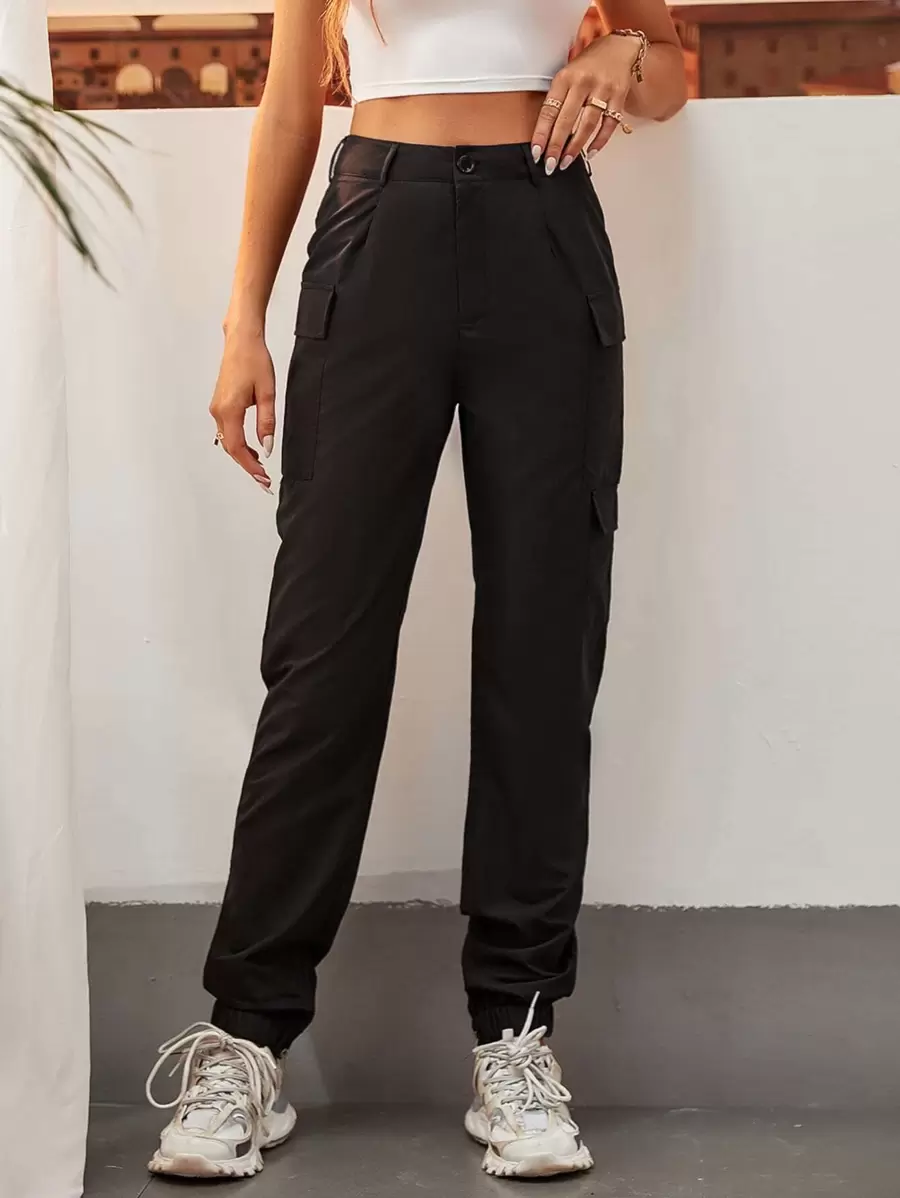 SHEIN Tall Pantalones unicolor con bolsillo lateral - Negro - Ver 1