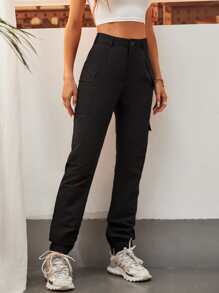 SHEIN Tall Pantalones unicolor con bolsillo lateral - Negro - Ver 3