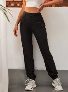 SHEIN Tall Pantalones unicolor con bolsillo lateral - Negro - Ver 4