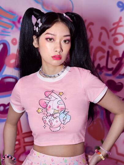 Anime Camiseta corta con estampado de dibujos animados ringer