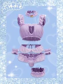 ROMWE Kawaii 6 piezas Set de lencería unicolor con abertura fruncido - Morado - Ver 1