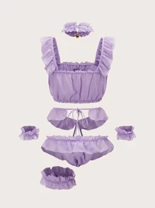 ROMWE Kawaii 6 piezas Set de lencería unicolor con abertura fruncido - Morado - Ver 2