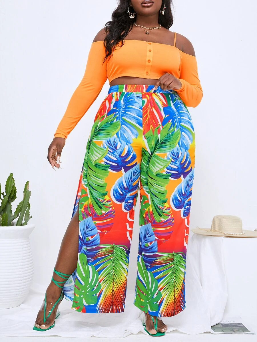 Slaydiva Plus Tropical Print Split Side Wide Leg Trousers - Multicolor - View 1