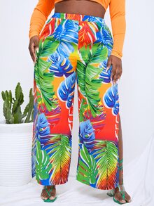 Slaydiva Plus Tropical Print Split Side Wide Leg Trousers - Multicolor - View 4
