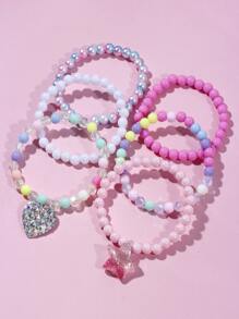 6pcs/Set Girls' Heart & Star Pendant Bracelet Set, Colorful Beaded Charm Jewelry Bracelet, Suitable For Girls' Party Gifts, Random Color