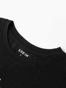INAWLY Letter Graphic Round Neck Tee - Black - View 3
