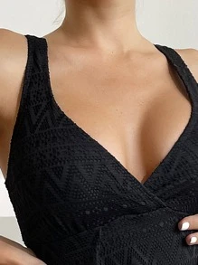 Swim Basics Summer Beach Solid Split Thigh One Piece Swimsuit - Black - View 3