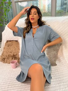 Half Button Drop Shoulder Night Dress, Moo Moo Night Dress - Dusty Blue - View 3