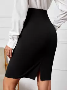 SHEIN Clasi Ruched Zip Slit Back Skirt - Black - View 2