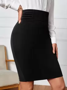 SHEIN Clasi Ruched Zip Slit Back Skirt - Black - View 5