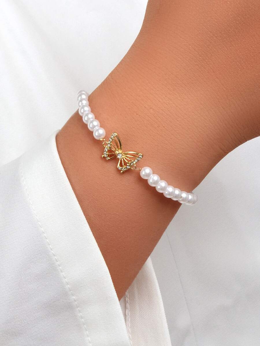 Rhinestone Butterfly & Faux Pearl Decor Bracelet - Yellow Gold - View 1
