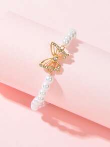 Rhinestone Butterfly & Faux Pearl Decor Bracelet - Yellow Gold - View 2