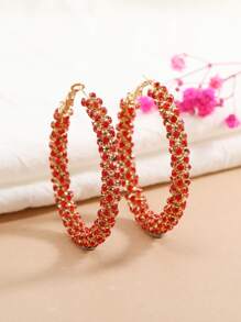 1 Pair Fashionable 7-Color Rhinestone C-Shape Hoop Earrings, Suitable For Women's Daily Wear And Gift - Red - View 12