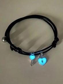 ATLVXJL 2 件情侣款夜光简约心形吊饰皮绳手链，时尚情侣吊饰手链，情人节礼物 - 彩色 - 查看 3