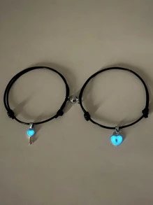 ATLVXJL 2 件情侣款夜光简约心形吊饰皮绳手链，时尚情侣吊饰手链，情人节礼物 - 彩色 - 查看 6