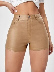 Shorts en mezclilla unicolor de talle alto - Caqui - Ver 3