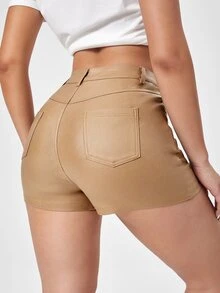 Shorts en mezclilla unicolor de talle alto - Caqui - Ver 2