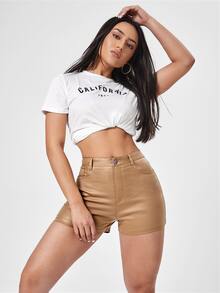 Shorts en mezclilla unicolor de talle alto - Caqui - Ver 4