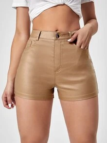 Shorts en mezclilla unicolor de talle alto - Caqui - Ver 5