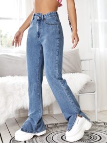 Split Side Zipper Fly Boyfriend Jeans - Medium Wash - View 1
