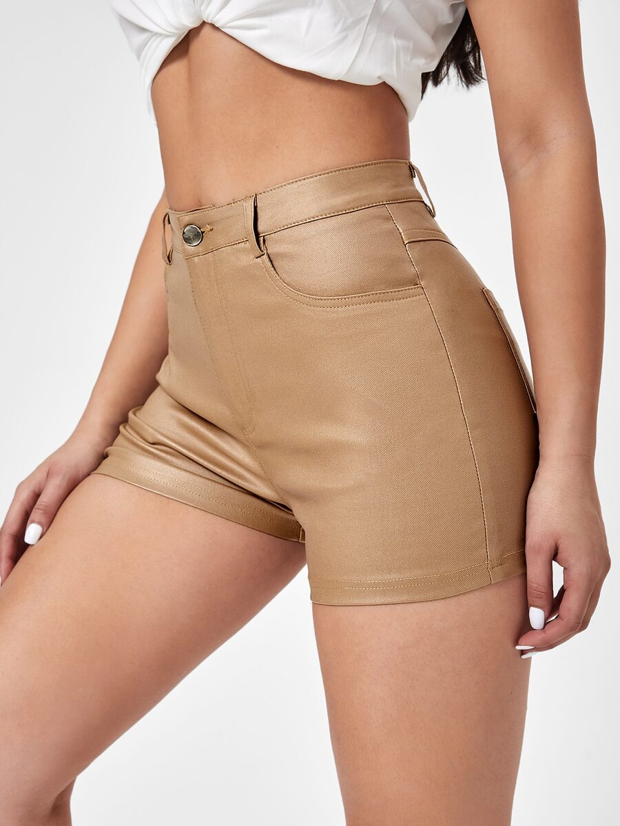 Shorts en mezclilla unicolor de talle alto - Caqui - Ver 1
